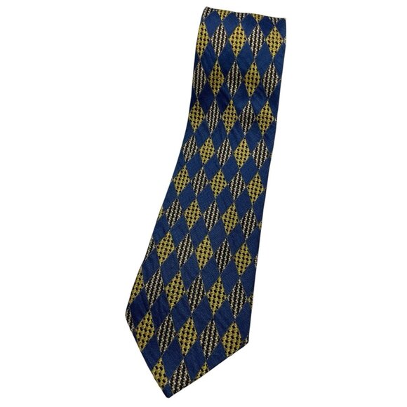 ERMENEGILDO ZEGNA Men's 100% Silk Necktie LUXURY Blue Gold Geometric W:4" EUC - Picture 1 of 5